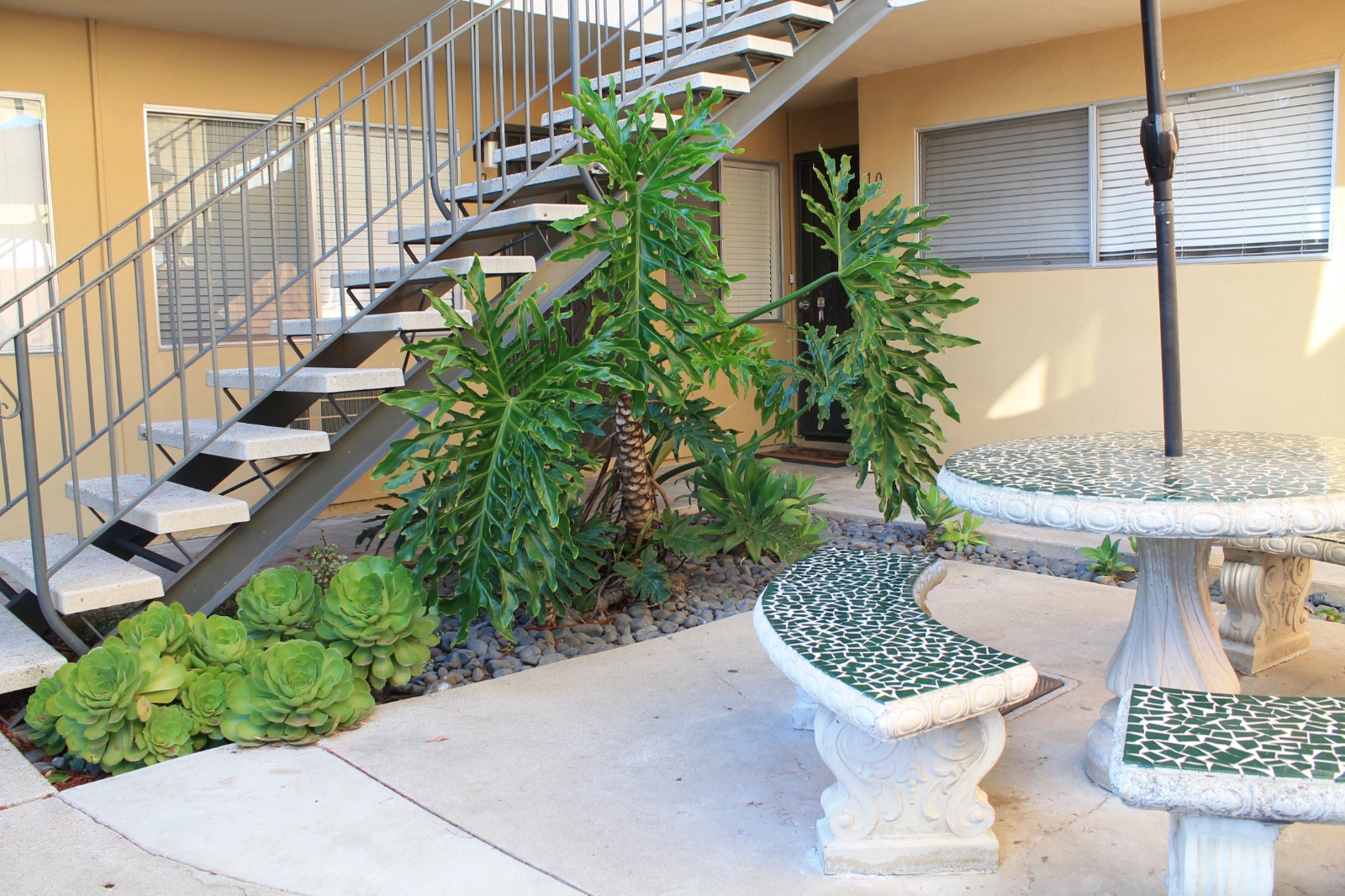 Landscaped seating area with succulent beds at a commercial property